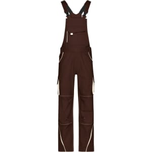 Brown workwear pants with bib, featuring pockets and straps. Includes a logo on the chest area.