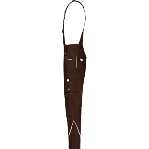 Brown workwear pants with bib, featuring multiple pockets and adjustable straps, designed for durability and functionality.