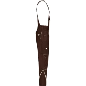 Brown workwear pants with bib, featuring multiple pockets and a logo. Pants are designed for durability and functionality.