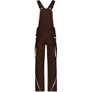 Workwear pants with bib in brown, featuring adjustable straps and multiple pockets. Includes branding on the garment.
