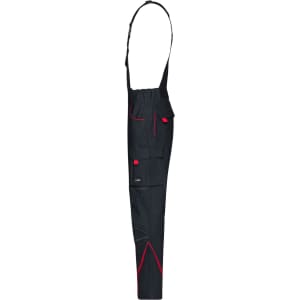 Workwear pants with bib in black, featuring red accents and multiple pockets. Includes adjustable straps and a logo.
