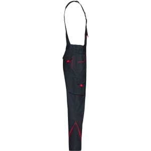 Workwear pants with bib in navy blue featuring red accents and multiple pockets. The pants have adjustable shoulder straps.