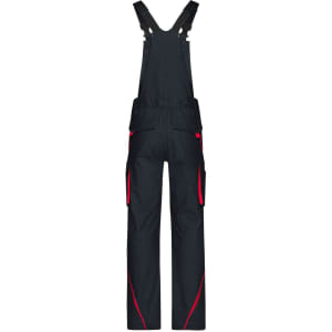 Workwear pants with bib in black featuring red accents and multiple pockets. Includes adjustable straps and a logo.