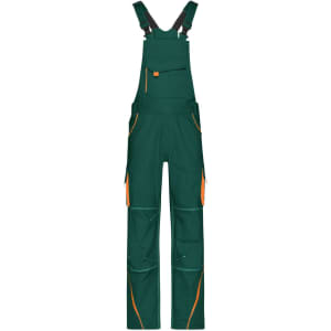 Workwear pants with bib in dark green and orange accents, featuring multiple pockets and adjustable straps.