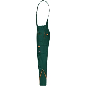 Workwear pants with bib in green, featuring multiple pockets and orange detailing, displayed in a side view.