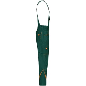Workwear pants with bib in green featuring orange accents and multiple pockets. Includes adjustable shoulder straps.
