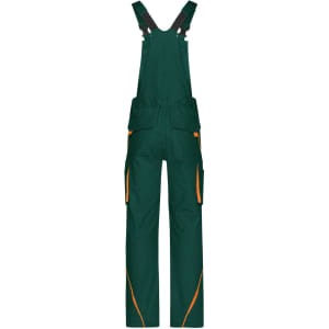 Workwear pants with bib in dark green featuring orange accents and multiple pockets. Includes adjustable straps and a logo.