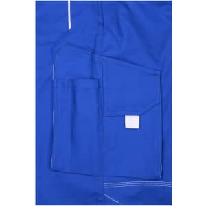 A blue workwear pants with a bib featuring multiple pockets and white stitching. It has a logo on the fabric.