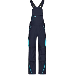Workwear pants with bib in navy blue, featuring turquoise accents and multiple pockets. Includes branding.