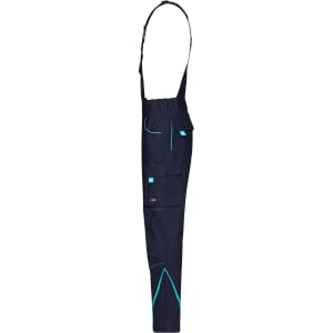 Workwear pants with bib in navy blue featuring multiple pockets and contrasting aqua accents. Includes a logo.