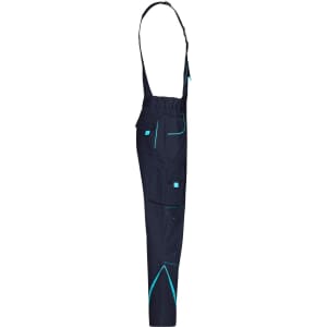 Workwear pants with bib, featuring a dark navy design and contrasting turquoise accents, equipped with multiple pockets.