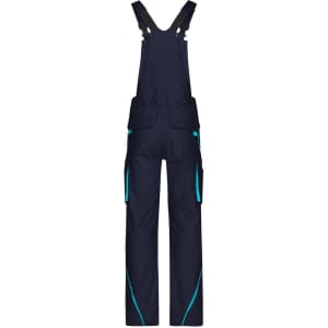 Workwear pants with bib in navy blue featuring teal accents and multiple utility pockets. Includes a logo.