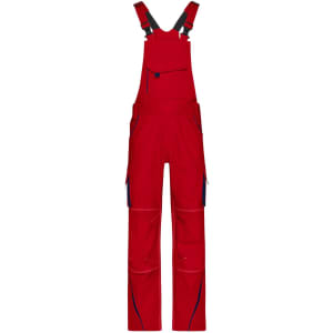 Red workwear pants with bib and adjustable straps, featuring multiple pockets and a logo.