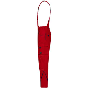 Red workwear pants with bib, featuring adjustable straps and multiple pockets. The design includes contrasting details.