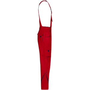 Red workwear pants with bib, featuring multiple pockets and adjustable straps, shown from the side.