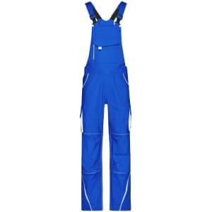 Blue workwear pants with bib, featuring adjustable straps and multiple pockets. Includes branding.