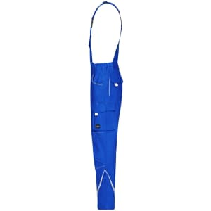 Blue workwear pants with bib, featuring multiple pockets and an adjustable strap design.