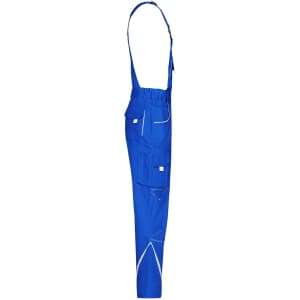 A pair of blue workwear pants with bib and multiple pockets, featuring adjustable straps and contrasting trim.