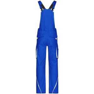Bright blue workwear pants with bib, featuring adjustable straps and multiple pockets. Includes a logo on the fabric.