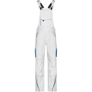 Workwear pants with bib in white, featuring blue accents and multiple pockets. Includes adjustable straps and branding.