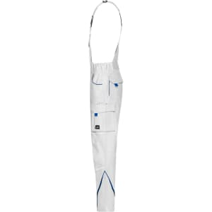 Workwear pants with bib in white, featuring blue accents and multiple pockets, with an adjustable strap.