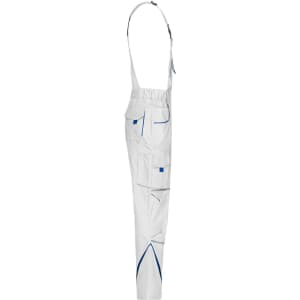 Workwear pants with bib in white, featuring multiple pockets and blue accents. Includes logo branding.