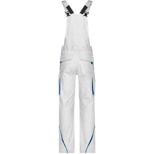 White workwear pants with bib, featuring blue accents and multiple pockets, designed for durability and functionality.