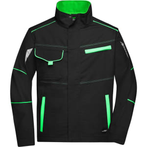 A black Workwear Jacket featuring neon green accents and reflective elements, designed for durability and visibility.