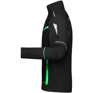 A black workwear jacket with green accents, featuring various pockets and a high collar.