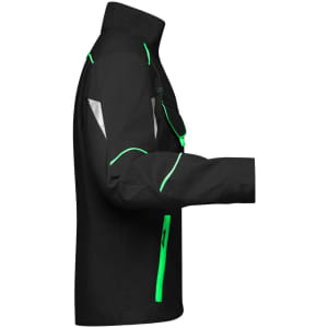 A black workwear jacket featuring green accents and reflective elements, with a zip and a high collar.