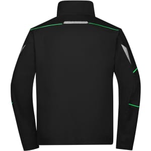 A black workwear jacket with green accents, featuring a high collar and reflective elements. It has a logo on the back.