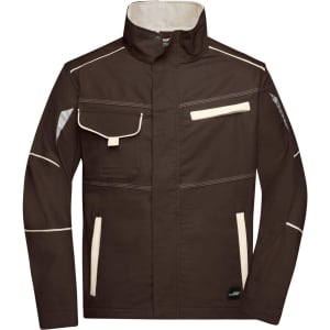 A brown workwear jacket featuring multiple pockets and contrasting cream trim, designed for durability and functionality.