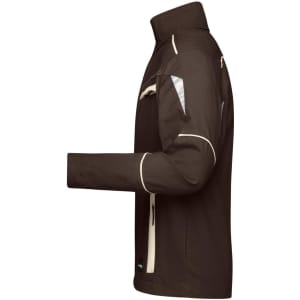 A brown workwear jacket with contrasting cream detailing, featuring a zippered pocket and a logo on the front.