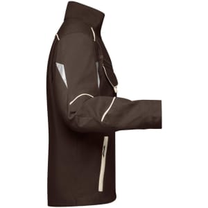 A brown workwear jacket with contrasting light trim and a logo on the chest area, displayed from the side.