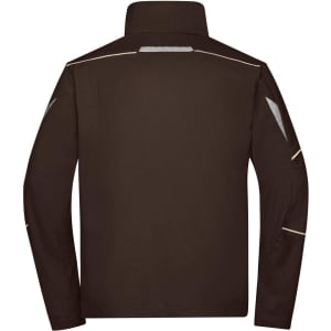 A brown workwear jacket with reflective detailing and a high collar, featuring long sleeves and a plain back.