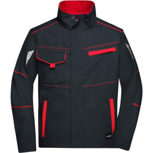 A dark navy workwear jacket with red accents, featuring multiple pockets and reflective details.
