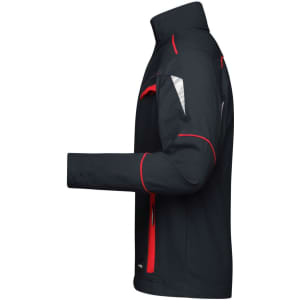 A black workwear jacket with red accents, featuring multiple pockets and a logo on the upper arm.