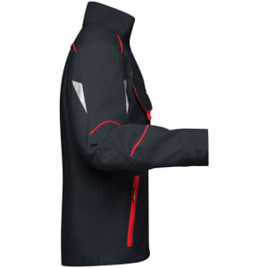 A side view of a dark grey workwear jacket with red and reflective details; features a collar and pockets.