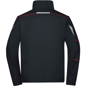 A black workwear jacket with red accents and reflective detailing on the shoulders and back. Features a collar and long sleeves.
