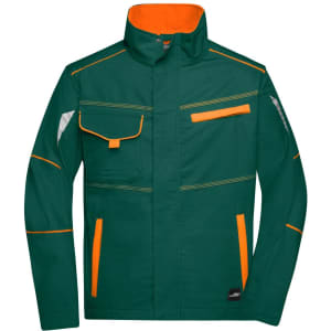 A green workwear jacket featuring orange accents and multiple pockets. It has a logo on the lower section.