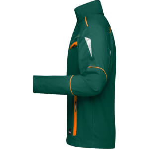 A teal workwear jacket featuring orange accents and multiple pockets, with a high collar and zip closure.