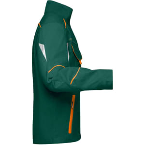 A green workwear jacket with orange accents and reflective features, showcasing the side view design.