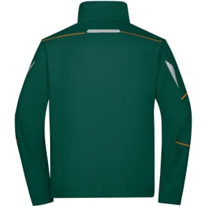A green workwear jacket featuring reflective elements and contrasting orange detailing on the back.