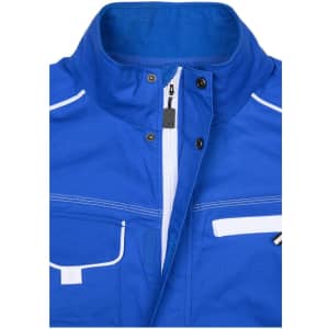 A blue workwear jacket featuring a zip closure, pocket details, and contrasting white stitching. It has a brand logo.