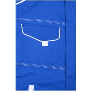 A blue workwear jacket featuring white stitching and a front pocket. It has a logo on it.