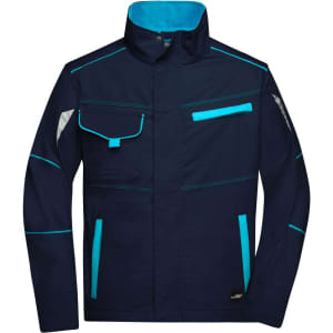A navy workwear jacket with blue accents, featuring multiple pockets and reflective elements, and includes a logo.
