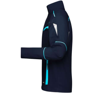 A navy blue workwear jacket with turquoise accents and multiple zippered pockets. It features a logo on the design.