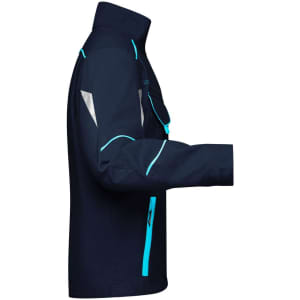 A navy workwear jacket featuring turquoise accents and reflective details, with a zippered pocket and stand collar.