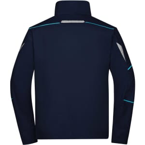 A navy blue workwear jacket featuring reflective detailing and a high collar. The back view displays its clean design.