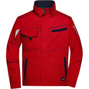 A red work jacket featuring multiple pockets and navy accents, with a logo on the front.
